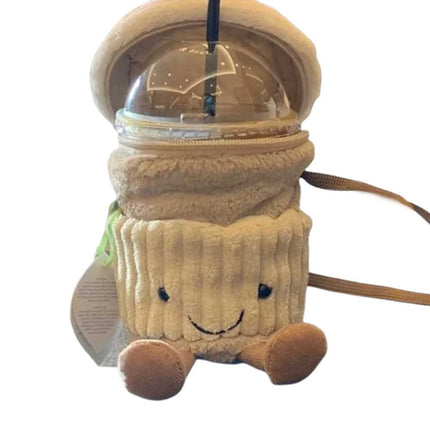 New Coffee-To-Go Bag Beige | Plush Travel Cup, Soft Carry Tote for Fun Gift