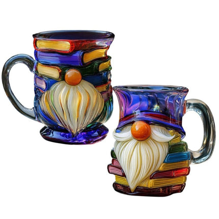 3D Painted Glass Gnome Book Mug | Stackable Coffee Cup for Home Decor