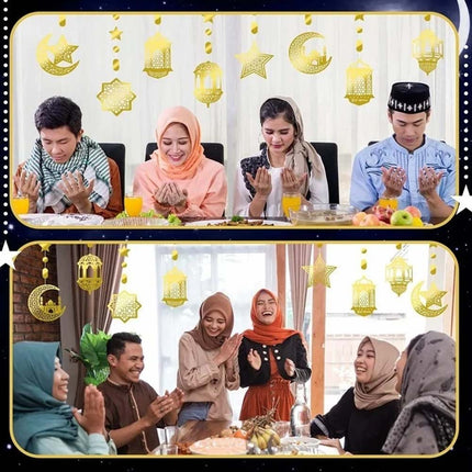 Eid Mubarak Hanging Pendant - 8Pcs Ramadan Muslim Party Decor Streamer Banner