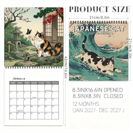 Japanese Cat 2027 Wall Calendar Month-to-View Hanging Cat Calendar