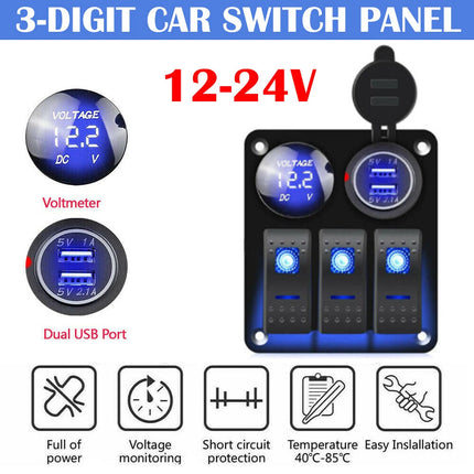 Waterproof 3-Gang 12V/24V Switch Panel with USB Charger for Car, Boat, and RV
