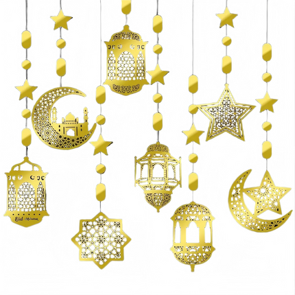 Eid Mubarak Hanging Pendant - 8Pcs Ramadan Muslim Party Decor Streamer Banner