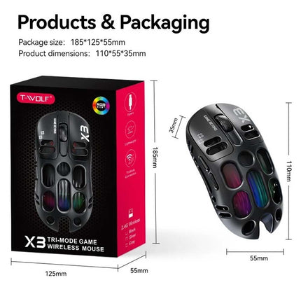 RGB Wireless Gaming Mouse, 12000 DPI PixArt PAW3311, 500mAh BT/2.4G & Wired