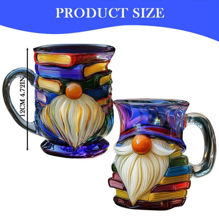 3D Painted Glass Gnome Book Mug | Stackable Coffee Cup for Home Decor