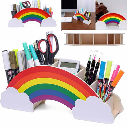 Rainbow Wooden Pen Holder DIY Pencil Case Desk Organizer for Phone Storage
