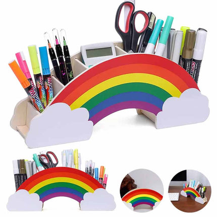 Rainbow Wooden Pen Holder DIY Pencil Case Desk Organizer for Phone Storage