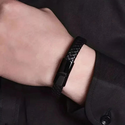 Men's Braided Leather Magnetic Bracelet 6mm Black 21cm