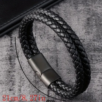 Men's Braided Leather Magnetic Bracelet 6mm Black 21cm