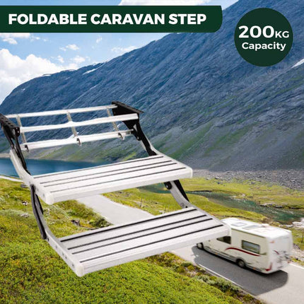 Double Retractable Caravan Step with LED Lights - Aluminium Alloy RV, Motorhome Entry Steps