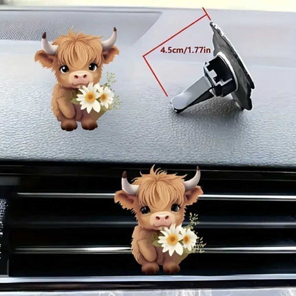 Adorable Highland Cow Car Air Freshener - 2 Pack Floral Design Acrylic Vent Clips, Long Lasting Fragrance