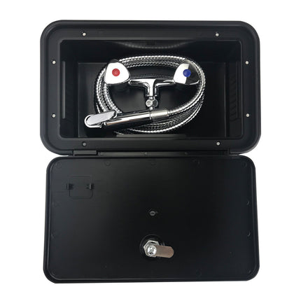 External Lockable Shower Box for Caravan | Hot & Cold Mixer with Hose, Outdoor Waterproof Case