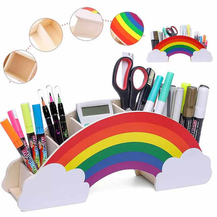 Rainbow Wooden Pen Holder DIY Pencil Case Desk Organizer for Phone Storage