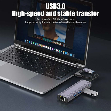 5-in-1 USB-C to Gigabit Ethernet Adapter: 1000Mbps RJ45 LAN + 3 x USB 3.0 Ports