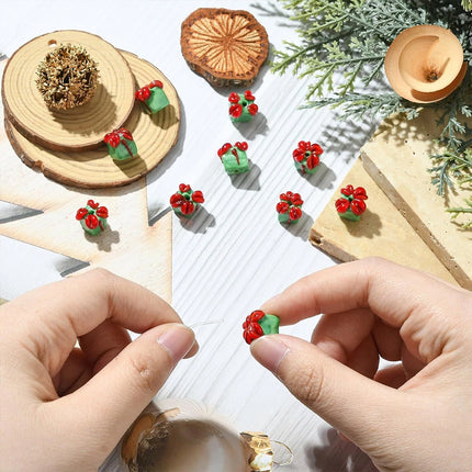 10Pcs Christmas Green Gift Box Glass Beads for Jewelry Making