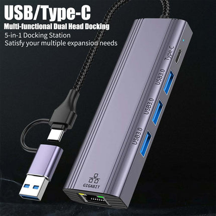 5-in-1 USB-C to Gigabit Ethernet Adapter: 1000Mbps RJ45 LAN + 3 x USB 3.0 Ports