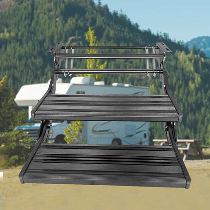 RV Step with LED Light - Automatic Sensor, Retractable Aluminum Stairs, Anti-Slip for Caravan, Camper, Trailer | Black