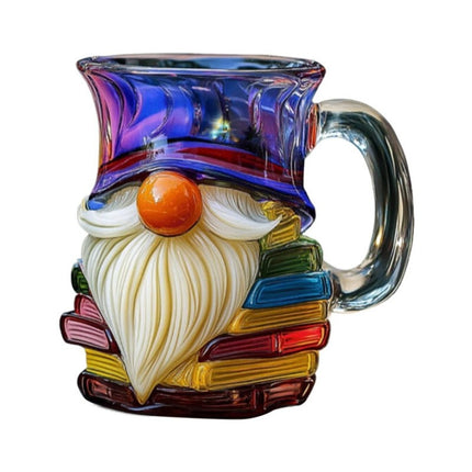 3D Painted Glass Gnome Book Mug | Stackable Coffee Cup for Home Decor