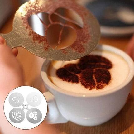 Cappuccino Stencil Set - 4 Stainless Steel Templates for Latte Art & Cocoa Duster