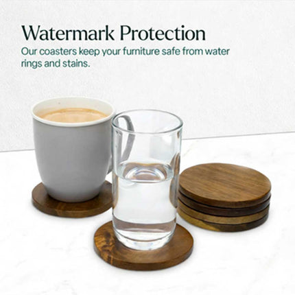 Set of 6 Acacia Wood Round Coasters for Drinks, Tea & Coffee