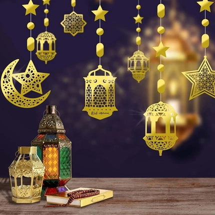 Eid Mubarak Hanging Pendant - 8Pcs Ramadan Muslim Party Decor Streamer Banner
