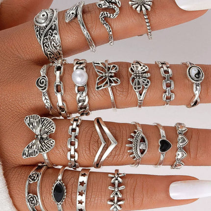 21Pcs Retro Bohemian Geometric Inlaid Stacked Ring Set for Women Gift