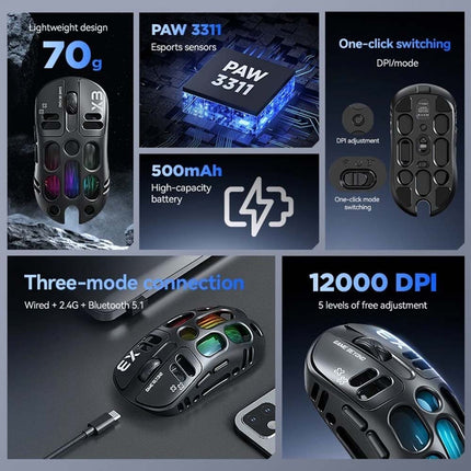 RGB Wireless Gaming Mouse, 12000 DPI PixArt PAW3311, 500mAh BT/2.4G & Wired
