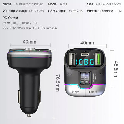 Car Bluetooth 5.3 FM Transmitter: 30W PD+QC 3.0 Fast Charger, Wireless Audio, Hands-Free Call, LED Display