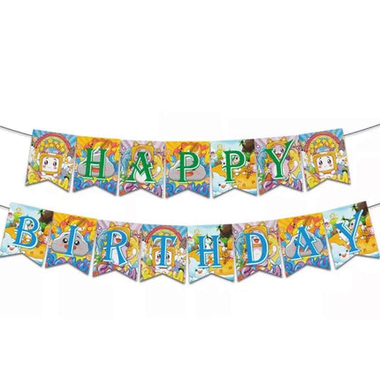 Cartoon Kids Birthday Party Decor Set with Balloons Banner & Cake Toppers