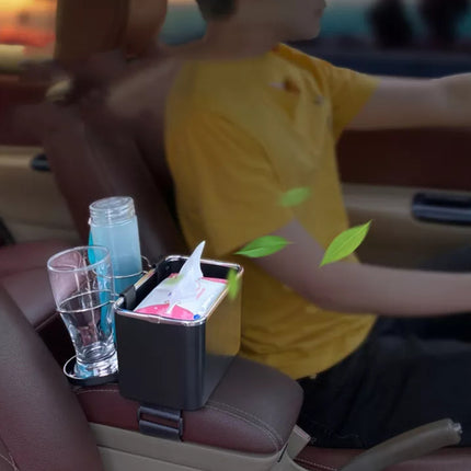 Universal Car Armrest Storage Organizer - with Dual Cup Holders and Tissue Box Holder