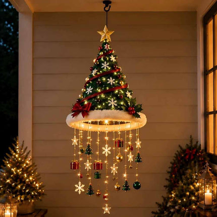 Lighted Santa Hat Chandelier with Glowing Star Tassel Christmas Decoration