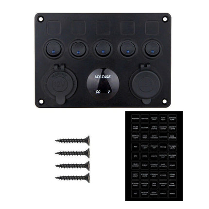 5-Gang 12V Switch Panel with LED Lights, Voltmeter & USB Charger for Campervan and RV
