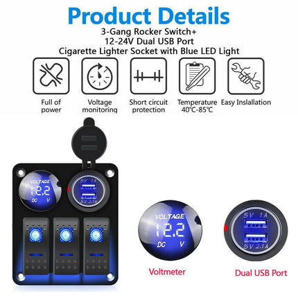 Waterproof 3-Gang 12V/24V Switch Panel with USB Charger for Car, Boat, and RV