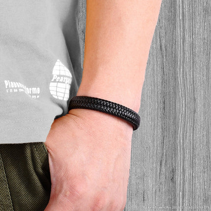 Men's Braided Leather Magnetic Bracelet 6mm Black 21cm
