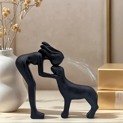 Black Minimalist Human & Dog Statue - Hand-Like Pose Pet Lover Gift