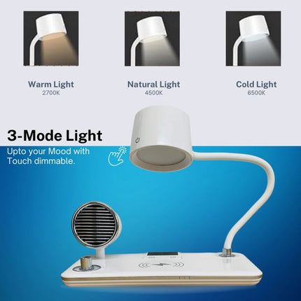 Wireless Charger LED Desk Lamp, 4 in 1 with Bluetooth Speaker, Alarm Clock & Charging Port