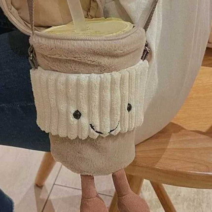 New Coffee-To-Go Bag Beige | Plush Travel Cup, Soft Carry Tote for Fun Gift
