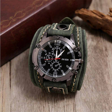 Military Retro PU Leather Strap Watch Men's Punk Quartz Cuff Wristwatch