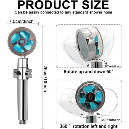 High Pressure Turbo Fan Drive Jet Shower Head – 3-in-1 Water Saving, 360° Rotating, with Filter