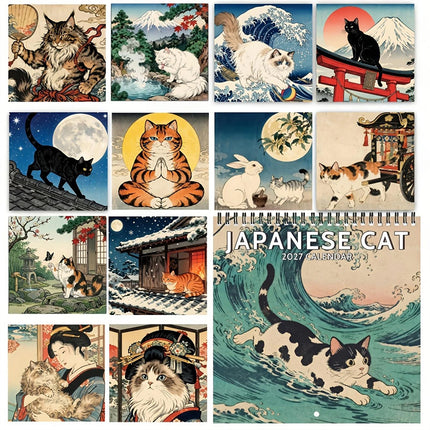 Japanese Cat 2027 Wall Calendar Month-to-View Hanging Cat Calendar