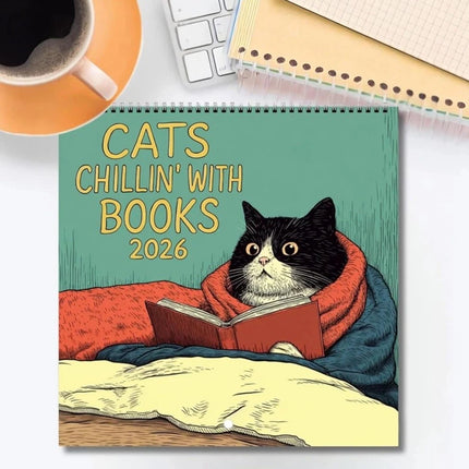 Cats Chillin' with Books 2026 Wall Calendar – Cat-Themed Illustrated Planner