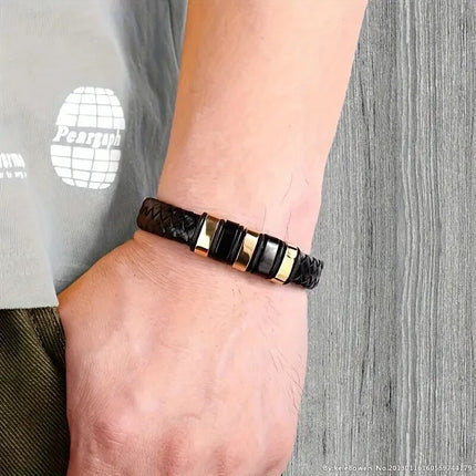 Men’s Magnetic Braided Leather Rope Bracelet, Wrap Bangle, Black 22 cm