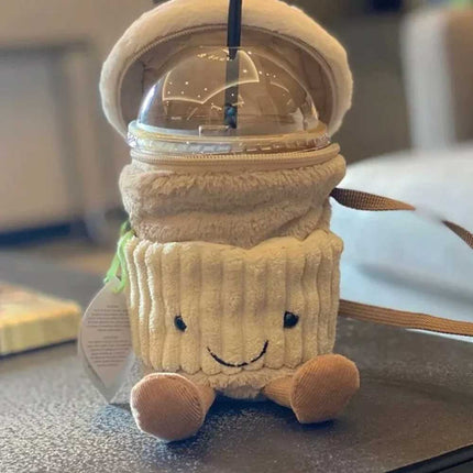 New Coffee-To-Go Bag Beige | Plush Travel Cup, Soft Carry Tote for Fun Gift