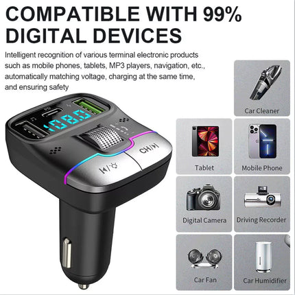 Car Bluetooth 5.3 FM Transmitter: 30W PD+QC 3.0 Fast Charger, Wireless Audio, Hands-Free Call, LED Display