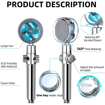 High Pressure Turbo Fan Drive Jet Shower Head – 3-in-1 Water Saving, 360° Rotating, with Filter