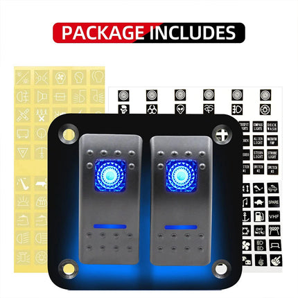 Waterproof 2-Gang Rocker Switch Panel with Blue LED for 12V/24V Use in Car, Marine Boat, and RV