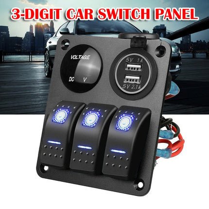 Waterproof 3-Gang 12V/24V Switch Panel with USB Charger for Car, Boat, and RV
