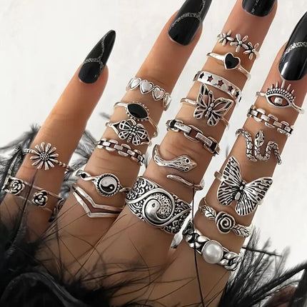 21Pcs Retro Bohemian Geometric Inlaid Stacked Ring Set for Women Gift