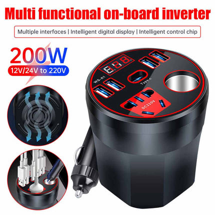200W Car Power Inverter DC 12V/24V to 220V AC with Dual Sockets & 2 USB Ports