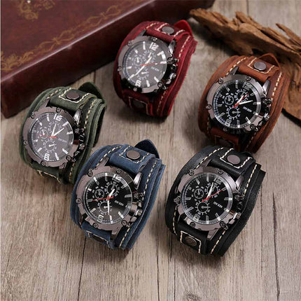 Military Retro PU Leather Strap Watch Men's Punk Quartz Cuff Wristwatch