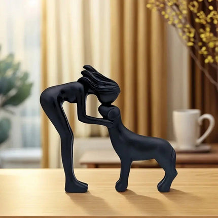 Black Minimalist Human & Dog Statue - Hand-Like Pose Pet Lover Gift